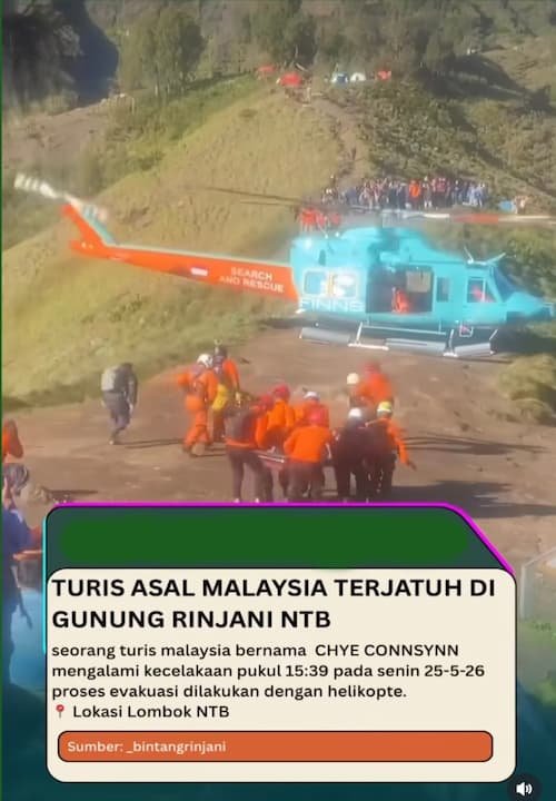 Pendaki Malaysia Terjatuh di Rinjani Berhasil Dievakuasi Helikopter